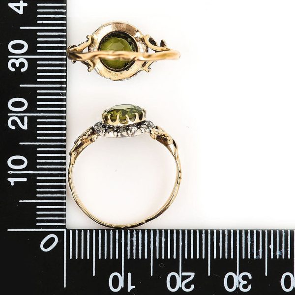 Early Victorian Antique Peridot and Rose Cut Diamond Cluster Engagement Ring Circa 1850 19th century