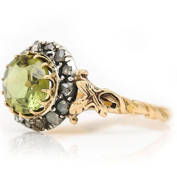 Early Victorian Antique Peridot and Rose Cut Diamond Cluster Engagement Ring