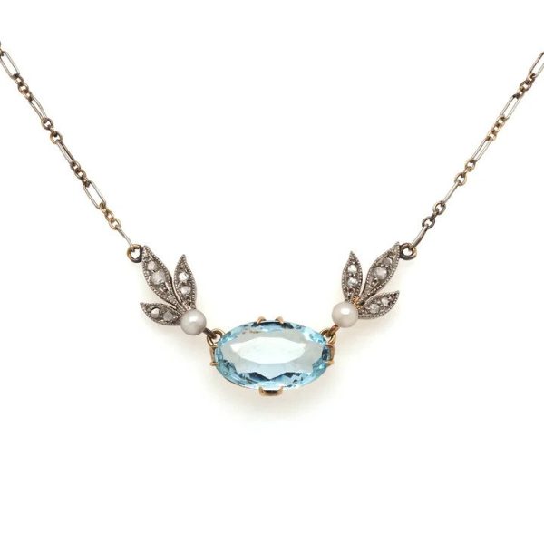 Edwardian Antique 1.50ct Aquamarine Pearl and Diamond Necklace