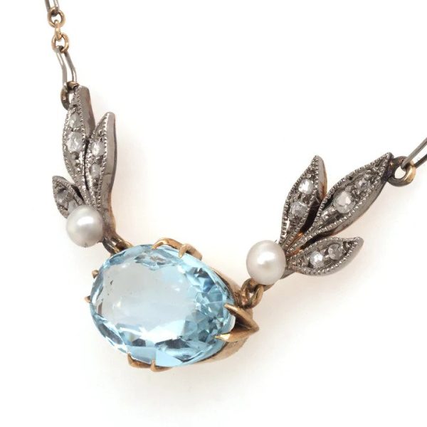 Edwardian Antique 1.50ct Oval Aquamarine Necklace with Diamonds and Pearls