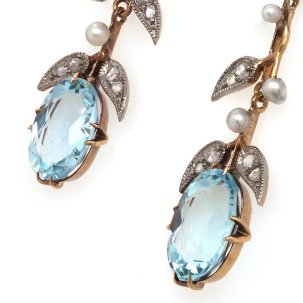 Edwardian Antique 3ct Aquamarine Pearl and Diamond Drop Earrings