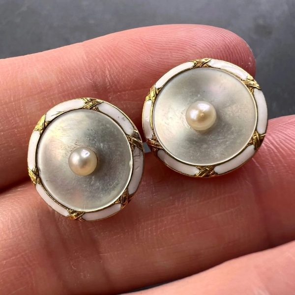 French Gold Natural Pearl Mother of Pearl and White Enamel 18ct Yellow Gold Cufflinks