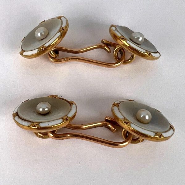 French Natural Pearl Mother of Pearl and White Enamel 18ct Yellow Gold Cufflinks