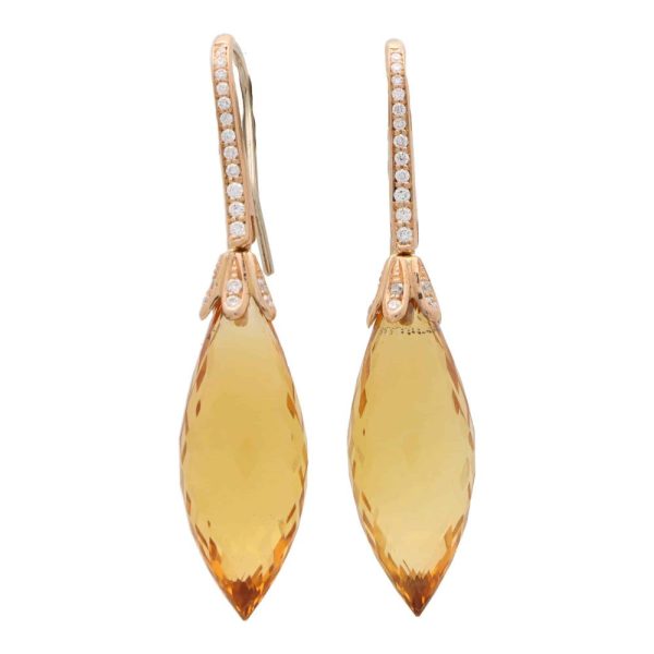 10cts Briolette Cut Citrine and Diamond Drop Earrings in 18ct Rose Gold