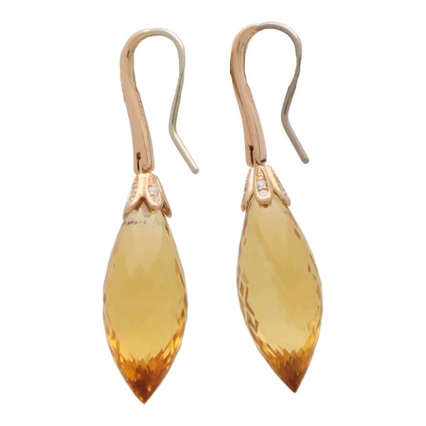 10cts Briolette Cut Citrine and Diamond Drop Earrings
