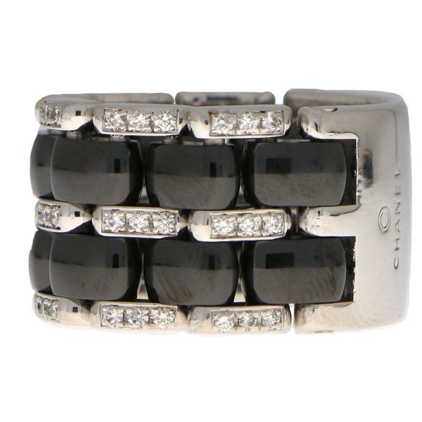 Vintage Chanel Wide Diamond and Black Ceramic Ring in 18ct White Gold