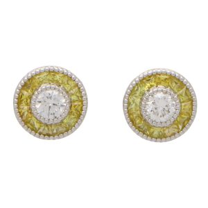 Yellow Sapphire and Diamond Target Cluster Stud Earrings