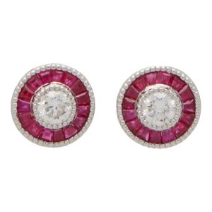 Art Deco Inspired Ruby and Diamond Target Stud Earrings