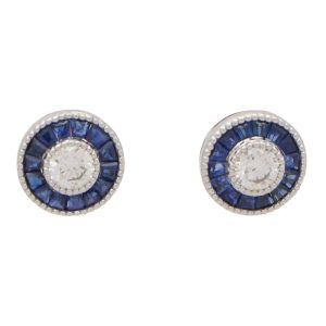 Diamond and Calibre Sapphire Target Cluster Stud Earrings