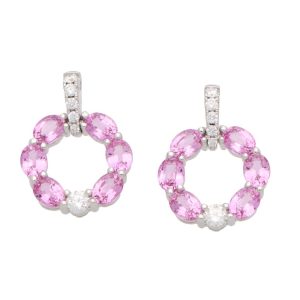 Pink Sapphire and Diamond Circle Hoop Drop Earrings