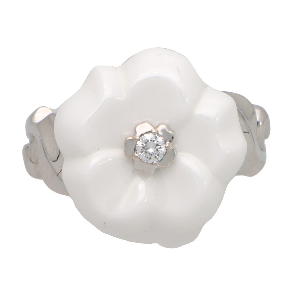 Vintage Chanel Camélia Galbé Ceramic and Diamond Flower Ring