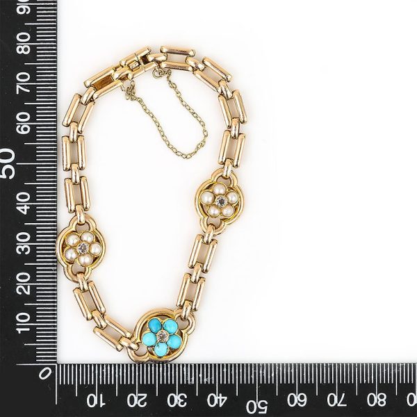 Victorian Antique 15ct Gold Turquoise Pearl Diamond Cluster Bracelet