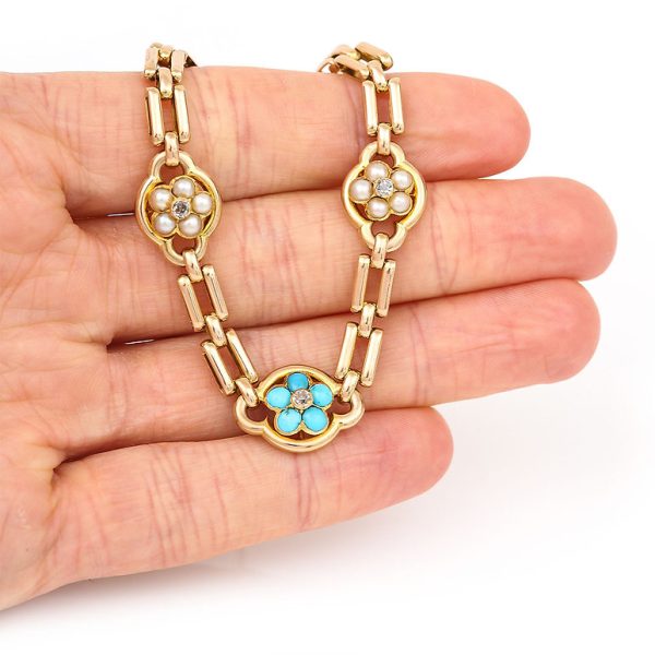 Victorian Antique Turquoise Pearl and Old Cut Diamond Cluster 15ct Yellow Gold Link Bracelet