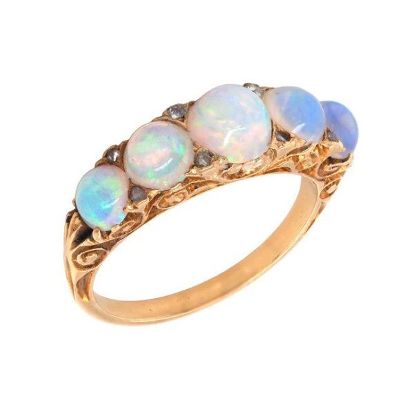 Victorian Antique Opal Five Stone Ring with Diamonds