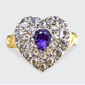 Victorian Style Amethyst and Rose Cut Diamond Heart Ring