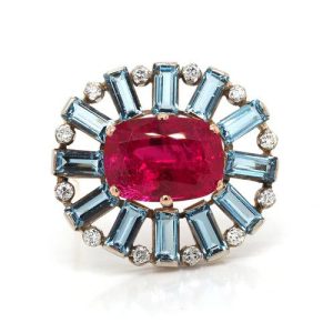 Vintage Ruby Aquamarine Diamond Brooch, Circa 1950s