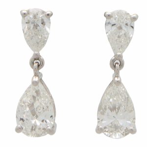 GIA Certified Pear Cut Diamond Drop Earrings, 2 carat total
