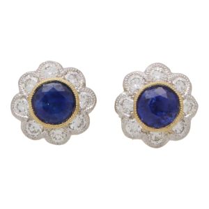 Sapphire and Diamond Floral Cluster Earrings, 1.44 carats
