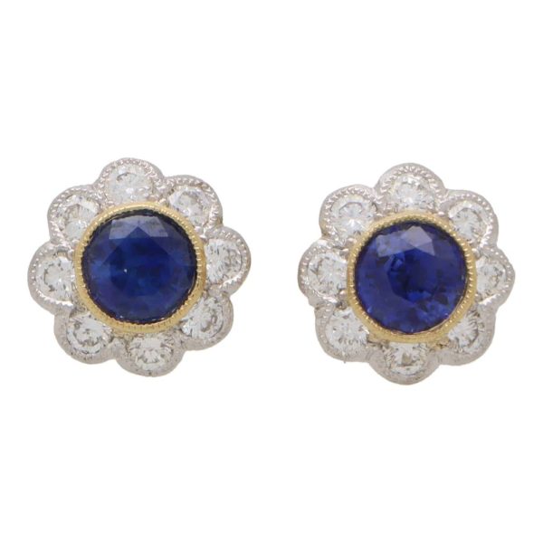 Modern 1.44ct Sapphire and Diamond Floral Cluster Earrings