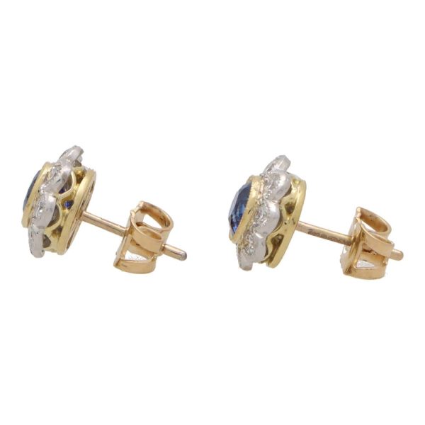 Modern 1.44ct Sapphire and Diamond Floral Cluster Earrings