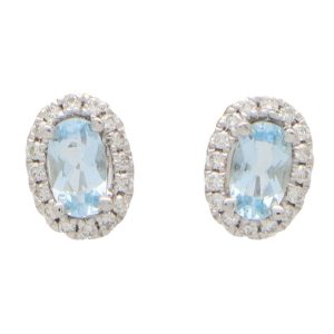 Aquamarine and Diamond Oval Halo Cluster Stud Earrings