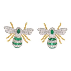 Modern Emerald and Diamond Bee Earrings