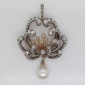 Antique Certified Natural Pearl and Diamond Pendant