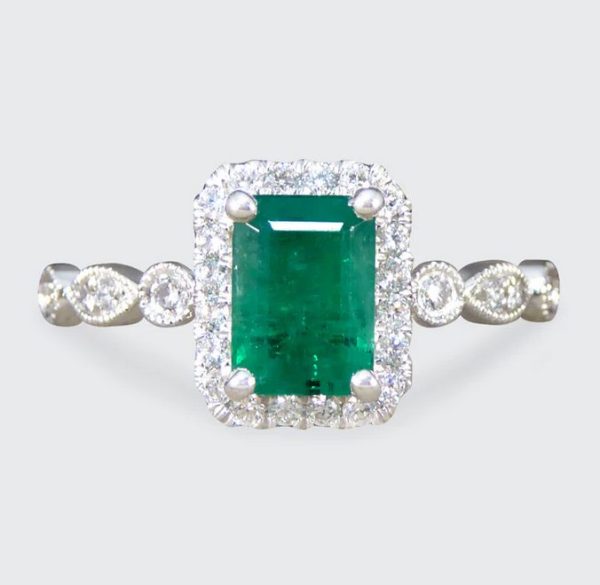 1.05ct Emerald and Diamond Cluster Ring with Diamond Set Shoulders