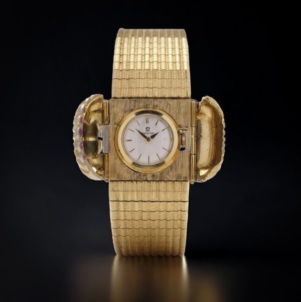 Omega Vintage Gold Bracelet Watch with Rubies Oyster Shell Shutter