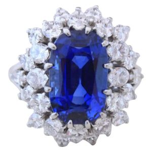 Vintage Boucheron 7.70ct Natural No Heat Burma Sapphire and 4ct Marquise Diamond Cluster Ring
