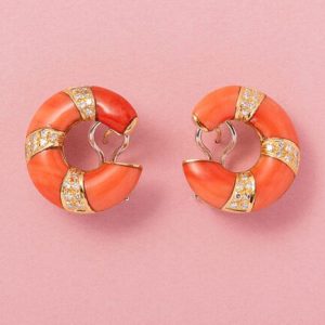 Vintage Italian Coral Diamond Gold Earrings, Circa 1970s