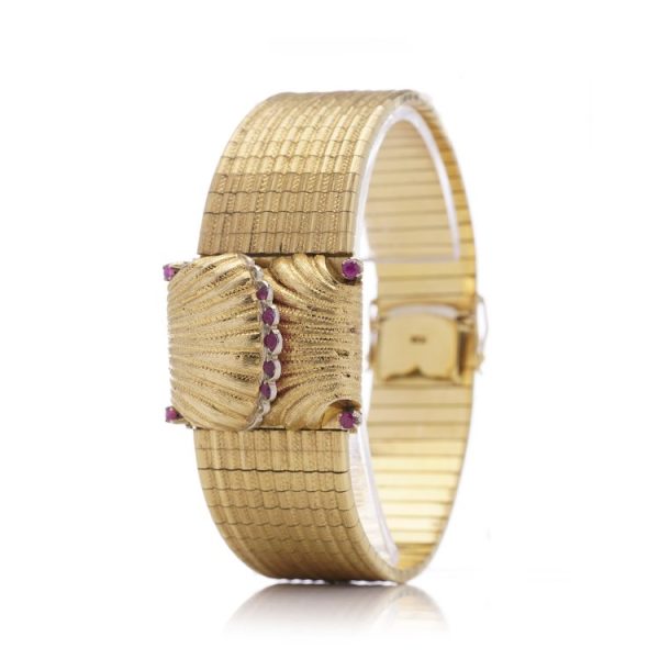 Omega Vintage Gold Bracelet Watch with Ruby Set Oyster Shell Shutter