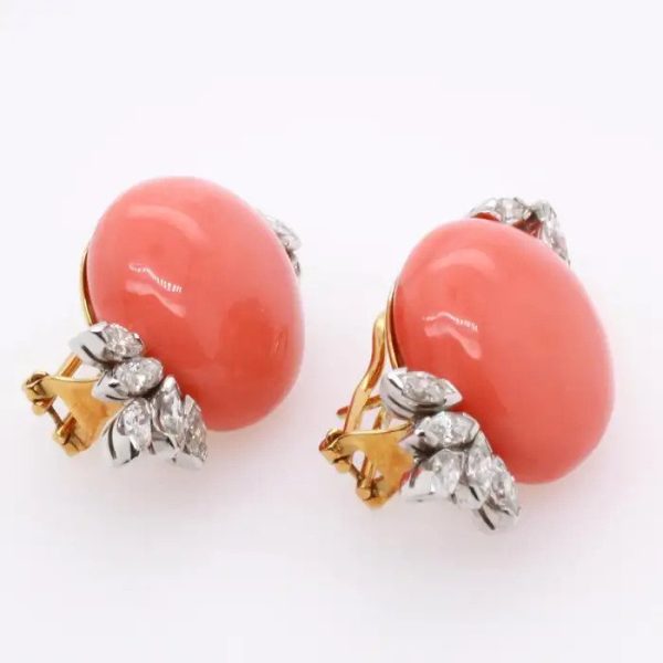 Vintage Italian Cabochon Coral and 1.50ct Marquise Diamond Earrings in 18ct Yellow Gold