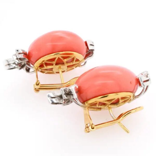 Vintage Italian Cabochon Coral and 1.50ct Marquise Diamond Earrings with Post and Clip Fittings