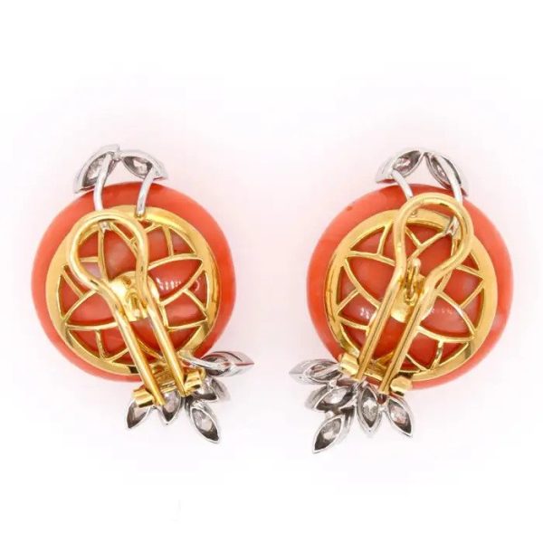 Vintage Italian Cabochon Coral and Marquise Diamond Earrings in 18ct Yellow Gold