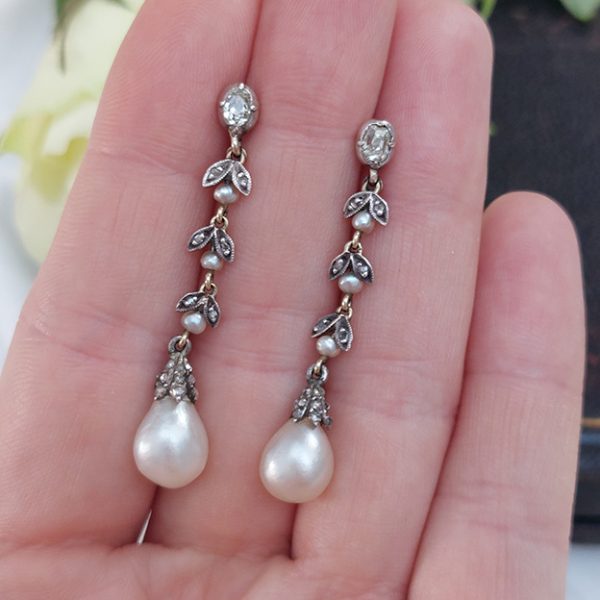 Edwardian Antique Certified Natural Pearl and Diamond Drop Earrings