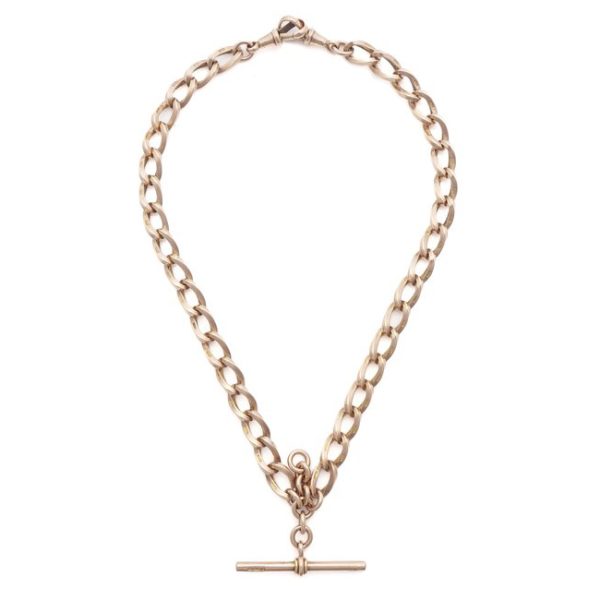 Victorian Antique 9ct Rose Gold Albert Chain Necklace with T-bar and double swivel clasps. Circa 1890s