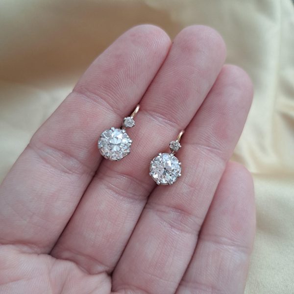 Antique French Old Cut Diamond Solitaire Drop Earrings, 3.20 carats