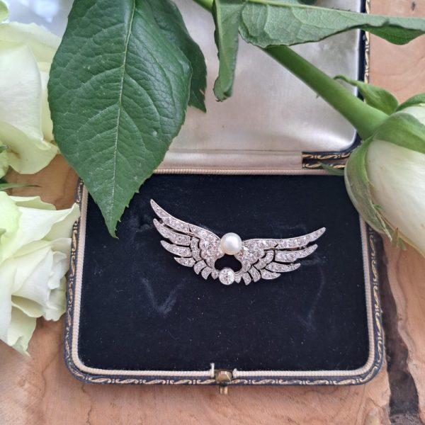 Antique Certified Natural Pearl and Diamond Wing Brooch
