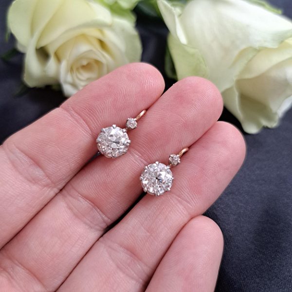 Antique French Old Cut Diamond Solitaire Drop Earrings, 3.20 carat total