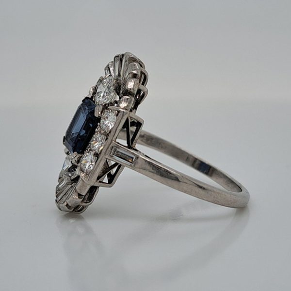 Art Deco 2.19ct Sapphire and Diamond Three Stone Cluster Plaque Ring in Platinum