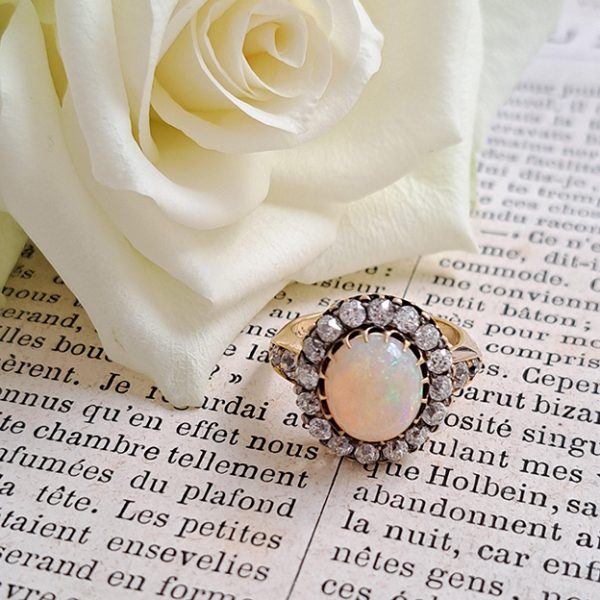 Antique Opal and Old Cut Diamond Cluster Engagement Ring