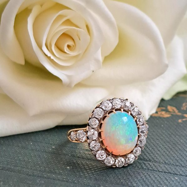 Antique Opal and Old Cut Diamond Cluster Engagement Ring
