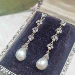 Antique Natural Pearl and Diamond Drop Earrings