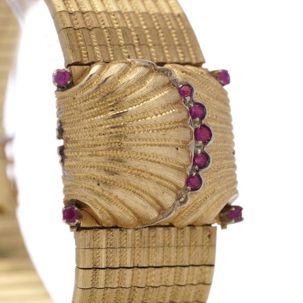 Omega Vintage Gold Bracelet Watch with Ruby Set Oyster Shell Shutter