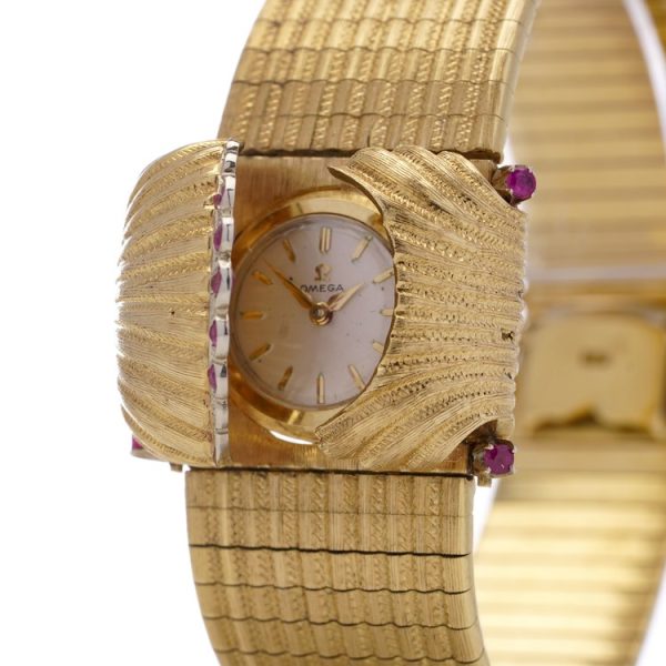 Omega Vintage Gold Bracelet Watch with Rubies Oyster Shell Shutter