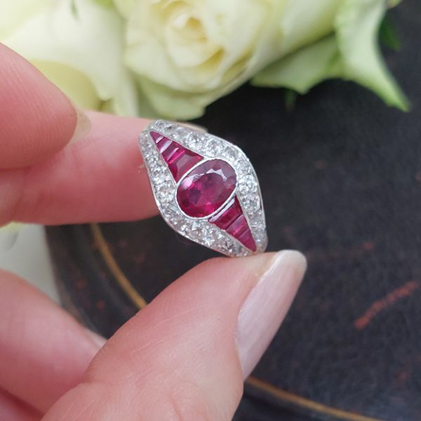 1ct Oval Burma Ruby and Diamond Cluster Dress Engagement Ring