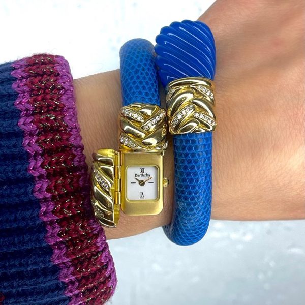Alexis Barthelay 18ct Yellow Gold, Diamond and Blue Leather Snake Bracelet Watch