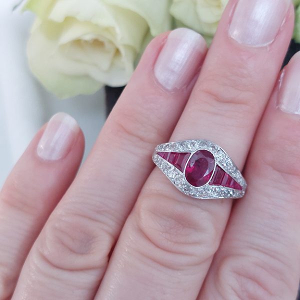 1ct Oval Burma Ruby and Diamond Cluster Engagement Ring