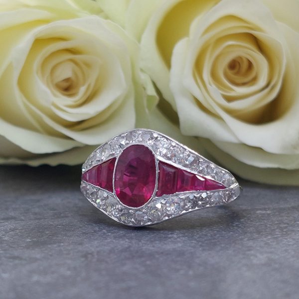 1ct Oval Burma Ruby and Diamond Cluster Engagement Ring